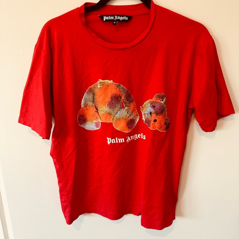 Palm Angels Broken Bear Bold Red Tee with Artistic Graphic